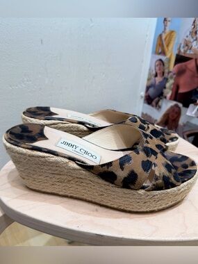 Jimmy Choo Leopard Print Espadrille Wedge Sandals - Brown/Black